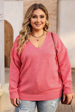 Coral Pink V-Neck Knit Sweater Long Sleeve Pullover for Women