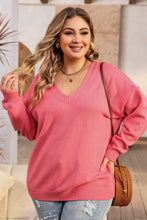 Coral Pink V-Neck Knit Sweater Long Sleeve Pullover for Women