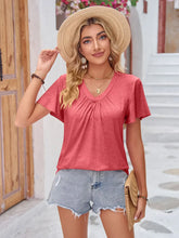 Coral Ruched V-Neck Short Sleeve Top with Flutter Sleeves Blush Pink