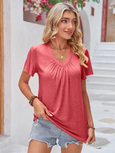 Coral Ruched V-Neck Short Sleeve Top with Flutter Sleeves