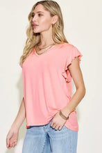 Coral Ruffled Short Sleeve Top in Bamboo Stretch Fabric Woman T Shirts