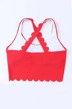 Coral pink scalloped crop swimsuit top with removable padding