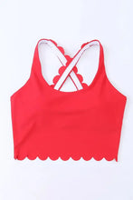 Coral pink scalloped crop swimsuit top with crisscross back and removable padding