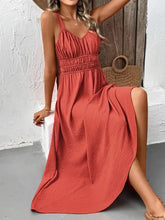 Coral stretch maxi dress with smocked waistband and side slit