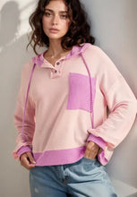 Light pink corded color block drawstring hoodie with purple accents