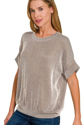 Corded Rib Short Sleeve Striped Blouse for Women BROWN
