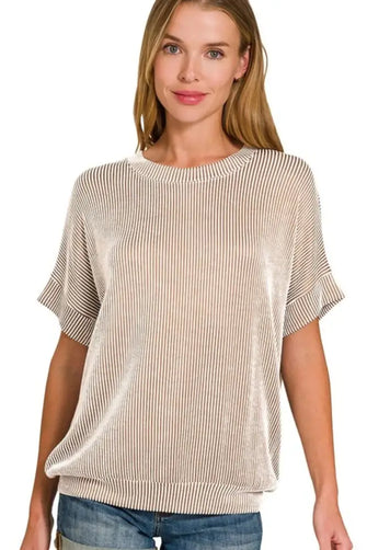 Corded Rib Short Sleeve Striped Shirt for Women MOCHA Woman T Shirts