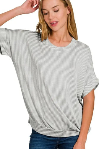 Corded Rib Short Sleeve T-Shirt Gray and White Striped Top LT GREY Woman T Shirts