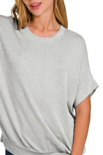 Corded Rib Short Sleeve T-Shirt Gray and White Striped Top Woman T Shirts