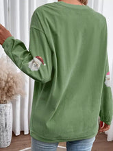 Green corduroy long sleeve top with embroidered santa claus patches on sleeves corded ribbed sequin patched machine wash cold