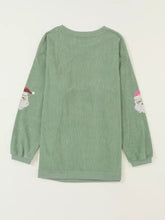 Mint green corduroy long sleeve sweatshirt with embroidered santa claus patches on sleeves machine wash cold