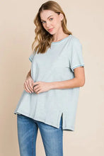 Cotton Bleu by Nu Lab contrast trim short sleeve slit t-shirt in relaxed fit light blue