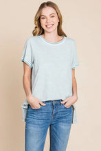 Light blue Cotton Bleu contrast trim short sleeve slit t-shirt