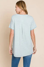 Light blue Cotton Bleu relaxed fit contrast trim short sleeve slit t-shirt