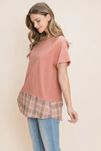 Cotton Bleu lab plaid contrast short sleeve T-shirt in coral and plaid