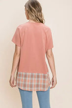 Cotton Bleu lab plaid contrast short sleeve peach top