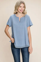 Cotton Bleu by Nu Lab Slit Striped Notched Short Sleeve T-Shirt Woman T Shirts
