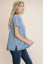 Cotton Bleu lab slit striped notched short sleeve T-shirt in light blue with jeans