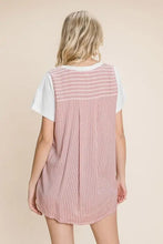 Cotton Bleu label contrast striped short sleeve T-shirt with white front and pink striped back