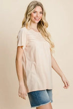 Cotton Bleu Label Eyelet Round Neck Short Sleeve T-Shirt in pink with denim shorts