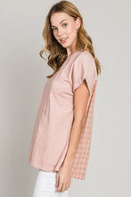 Woman in Cotton Bleu plaid short sleeve t-shirt with pink front