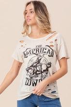 Cotton Slub Laser Distressed Graphic Tee with American Cowboy Design Woman T Shirts