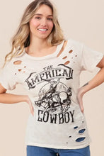 Cotton Slub Laser Distressed Graphic Tee with American Cowboy Design Woman T Shirts