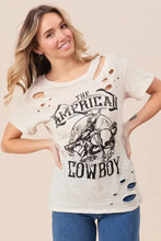 Cotton Slub Laser Distressed Graphic Tee with American Cowboy Design Woman T Shirts