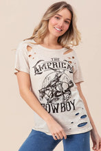 Cotton Slub Laser Distressed Graphic Tee with American Cowboy Design TAUPE