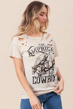 Cotton Slub Laser Distressed Graphic Tee with American Cowboy Design Woman T Shirts