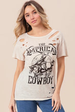 Cotton Slub Laser Distressed Graphic Tee with American Cowboy Design