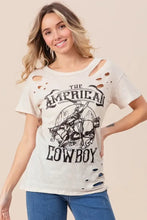 Cotton Slub Laser Distressed Graphic Tee with American Cowboy Design Woman T Shirts