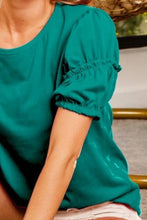 Cotton Span Shirring Detailed Round Neck Green Puff Sleeve Blouse