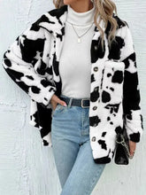 Cow Print Collared Neck Button Up Fuzzy Jacket White Woman Outerwear
