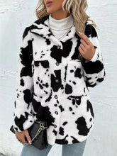Cow Print Collared Neck Button Up Fuzzy Jacket Woman Outerwear