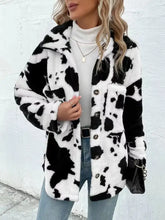 Cow Print Collared Neck Button Up Fuzzy Jacket Woman Outerwear