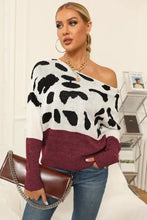 Cow Print Sweater with Boat Neck and Regular Sleeve Length Burgundy Sweater Pullovers