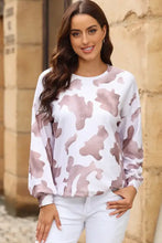 Cow spots print puff sleeve sweatshirt in white and pink for women