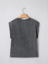 Dark gray sleeveless cropped cowboy and beer western mineral wash tank top with faded denim texture and round neckline