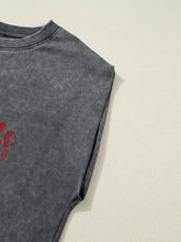 Dark gray sleeveless cotton cowboy and beer western graphic mineral wash tank top with faded red chest graphic