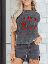 Faded gray sleeveless mineral wash tank top with red cowboys and beer lettering and vintage distressed finish