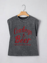Gray sleeveless cotton cowboy and beer western graphic mineral wash tank top with faded wash and red print on front