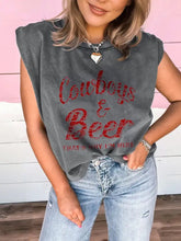 Gray mineral wash tank top with cowboys and beer print worn by a woman in cowboy and beer western graphic style