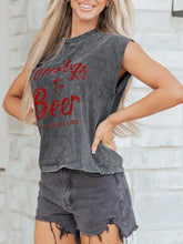 Gray distressed sleeveless mineral wash tank top with red cowboys and beer western graphic print