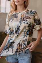 Cowboy Patterned Womens T Shirt in Stretch Polyester Blend Khaki