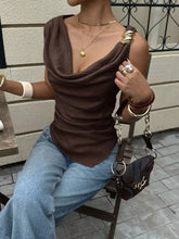 Brown cowl neck cami top with one shoulder drape and soft flowing fabric for elegant casual wear
