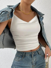 White satin cowl neck cami top with ruched design and thin straps for elegant and versatile wear