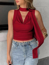 Red sleeveless cowl neck ruched cami with high neckline and draped fabric detail for stylish layering
