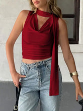 Red satin cowl neck ruched cami with a draped front panel and halter neckline for elegant occasions
