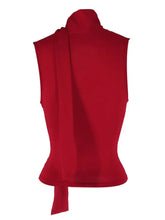 A vibrant red sleeveless cowl neck ruched cami with a high draped neckline and cinched waist